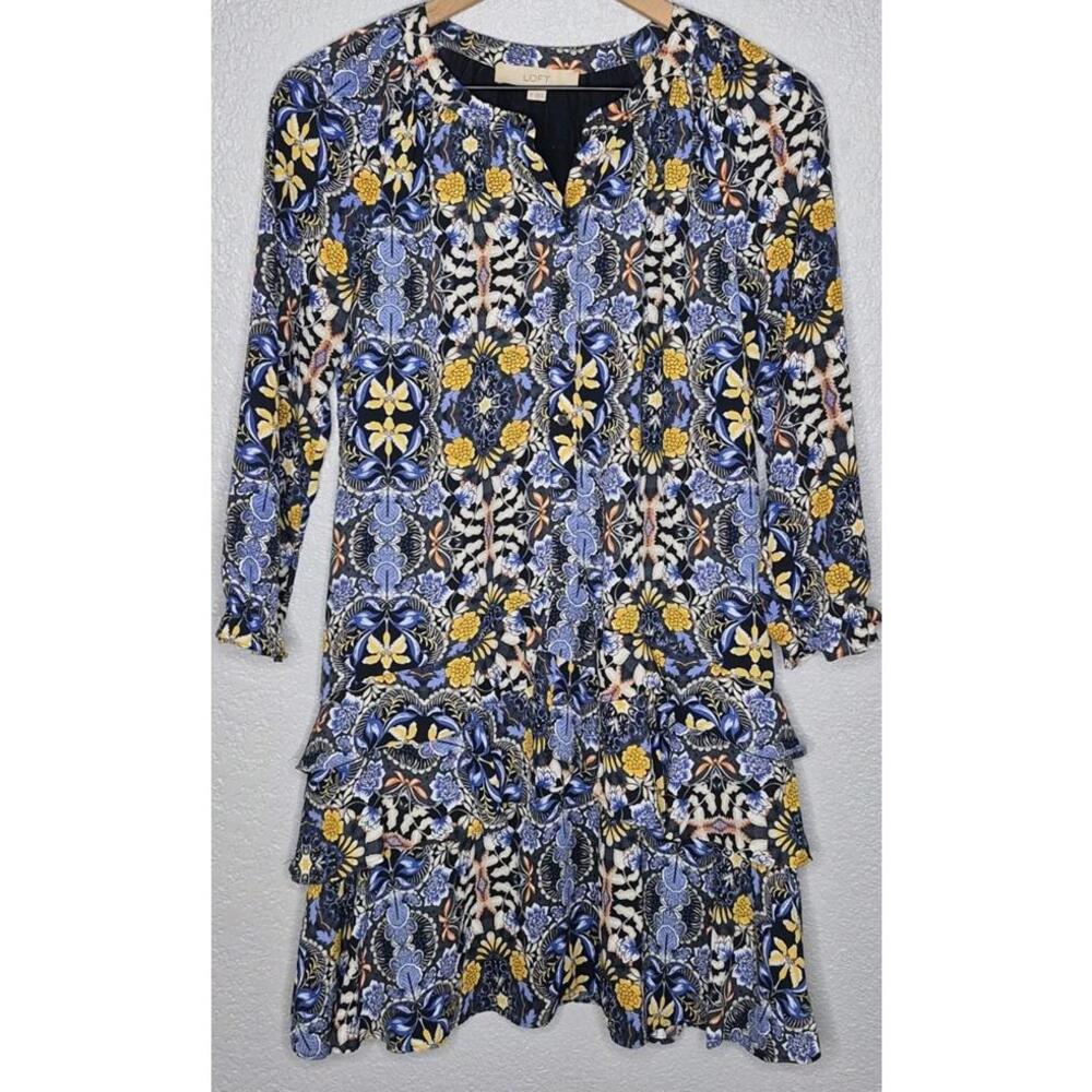 LOFT Womens XS Blue Yellow Tile Floral Boho Button Front Tiered Dress Lined